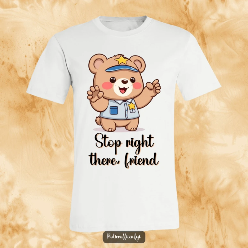 Funny t-shirt graphic of a bear cub in a police uniform, holding up a paw to direct traffic. Humorous law enforcement design.