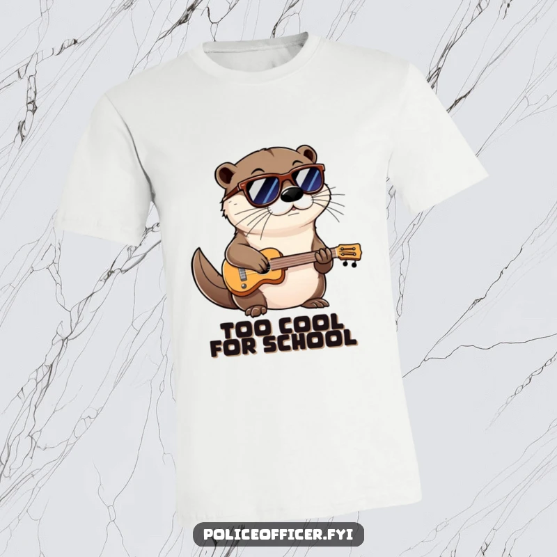 Funny t-shirt of a cool otter wearing shades and a confident smirk, playing a miniature instrument with musical flair.