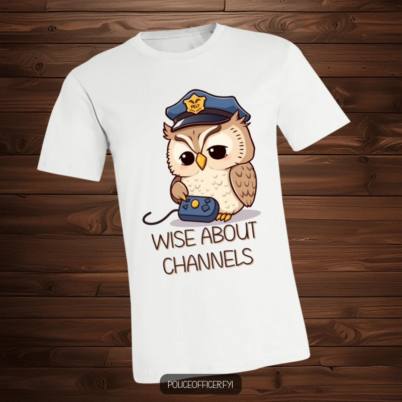 Funny Owl Detective T-Shirt: Wise owl in a police cap observing a remote control with focused interest, embodying intelligence and humor.