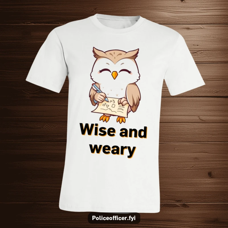 Funny Owl T-Shirt with a contented owl, half-closed eyes, doodling on a scroll with a feather pen, embodying creative peace, a perfect funny gift.