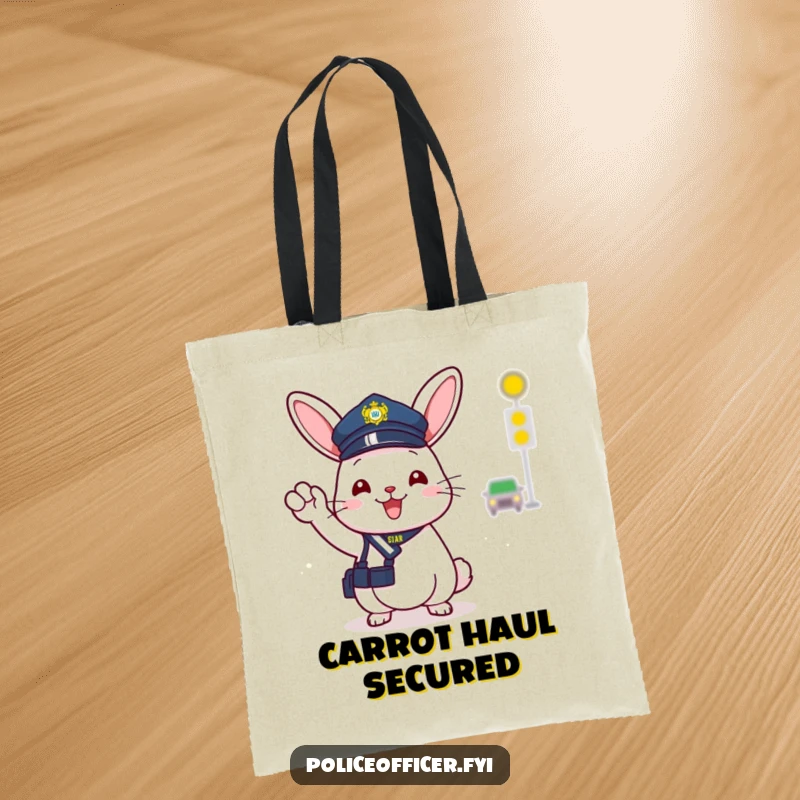Funny tote bag featuring a cheerful bunny police officer in a small hat, happily directing traffic with a joyful wave.