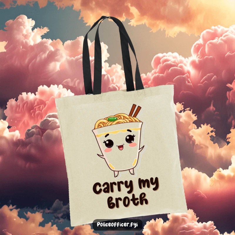 Funny ramen tote bag showcasing a cheerful ramen cup with a face dancing excitedly, blending utility and humor.