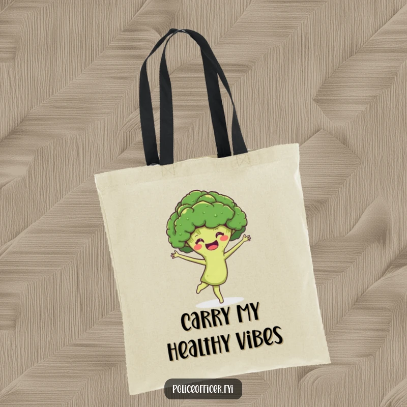 Funny Tote Bag: A smiling broccoli head performing a joyful pirouette, hilariously carrying healthy energy and flair.