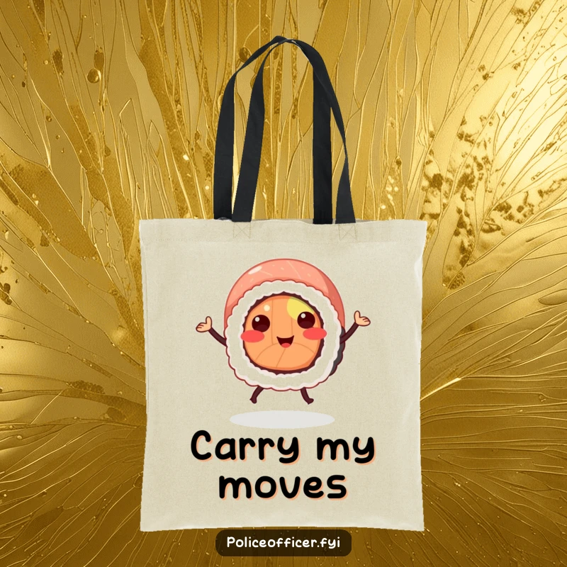 Funny sushi roll tote bag showcasing a smiling sushi with legs doing a lively jig, perfect for carrying items with flair.