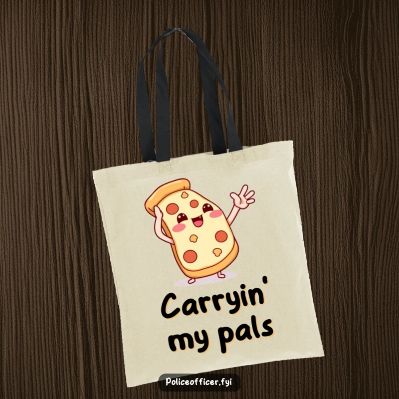Funny pizza tote bag showcasing a smiling pizza slice giving a playful high-five, perfect for carrying items with flair.