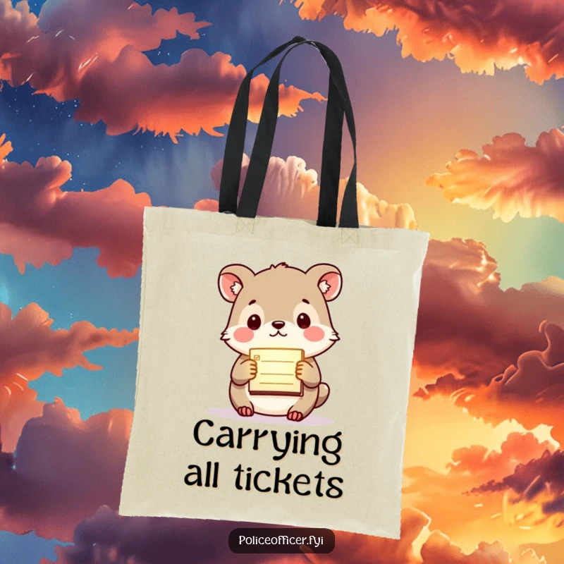 Funny tote bag with a small animal holding a tiny, glowing citation pad, perfect for carrying items with a humorous, orderly flair.