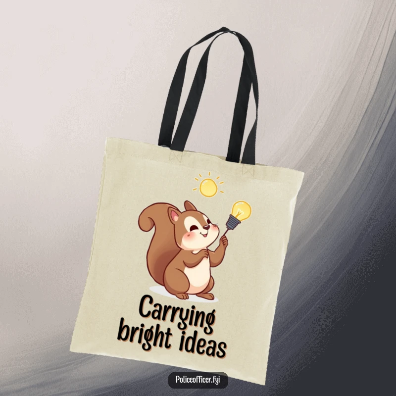 Funny squirrel tote bag featuring a cheerful squirrel with a lightbulb, symbolizing bright ideas, perfect for everyday use.