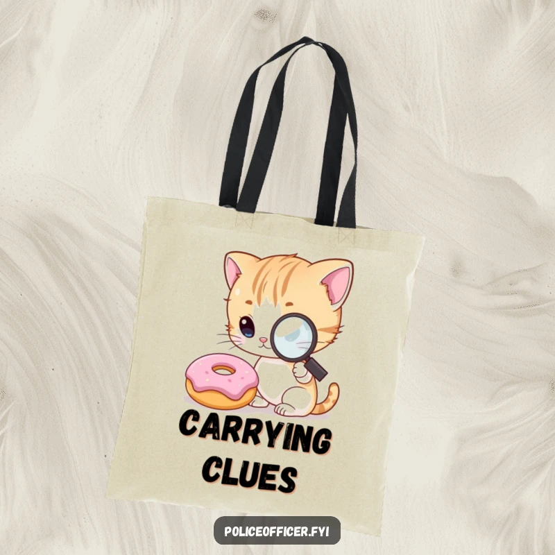 Funny Kitten Detective Tote Bag with a curious kitten using a magnifying glass to examine a smiling donut, a funny and practical accessory.