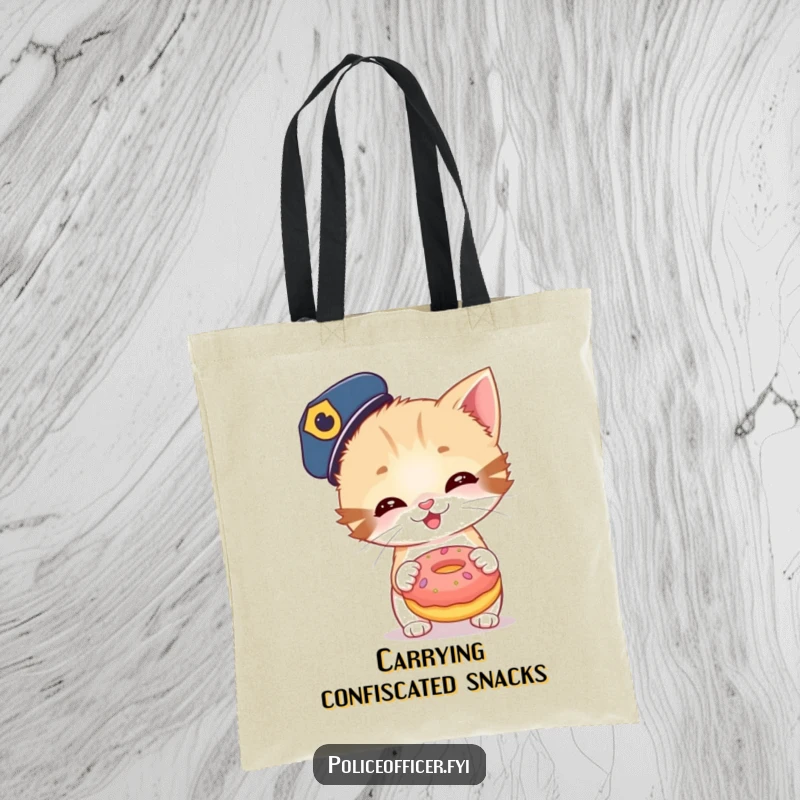 Funny tote bag with a giggling kitten police officer about to toss a giant donut. A practical and humorous carry-all.