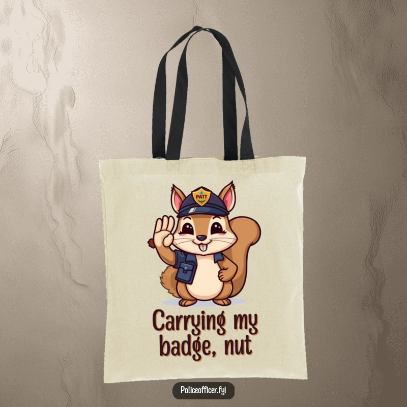 Funny Tote Bag: A squirrel police officer saluting smartly with an acorn, a humorous and practical accessory.