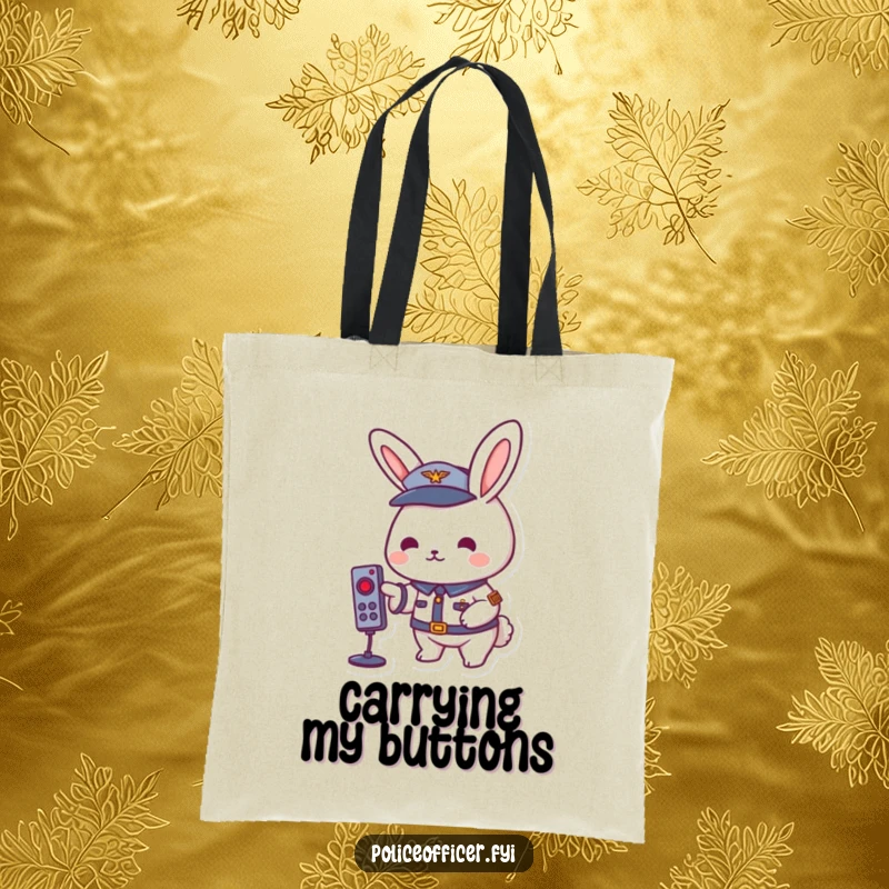 Playful rabbit in a uniform, pressing a remote button, on a durable and charming funny tote bag.