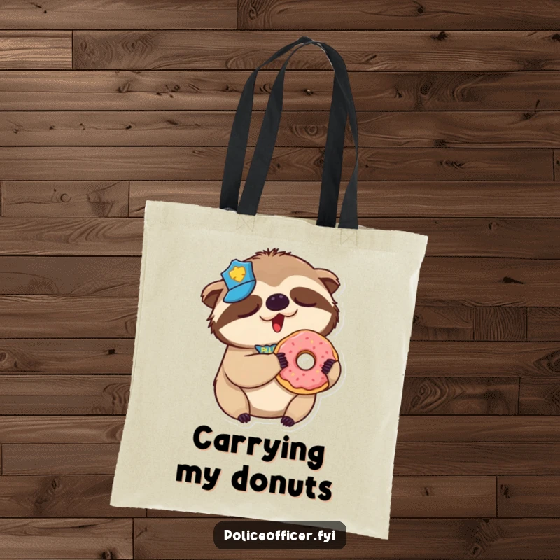 Funny Sloth Police Tote Bag: Sturdy bag featuring a sleepy sloth police officer yawning with a donut.