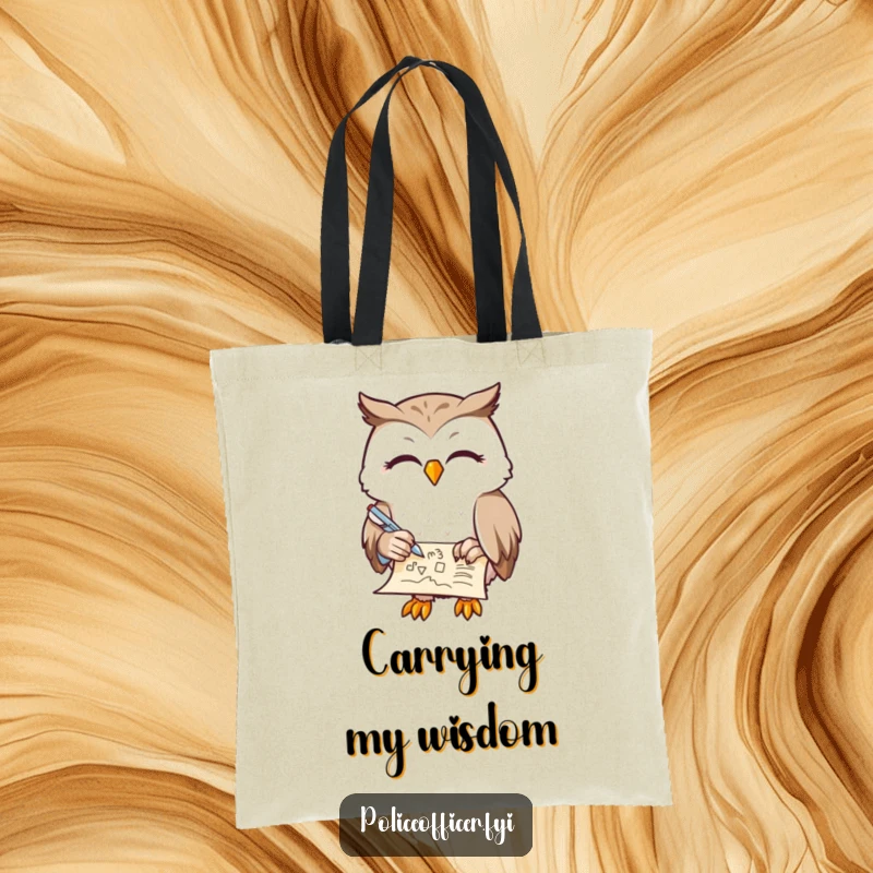 Funny Owl Tote Bag with a contented owl, half-closed eyes, doodling on a scroll with a feather pen, carrying creative essentials, a funny gift.