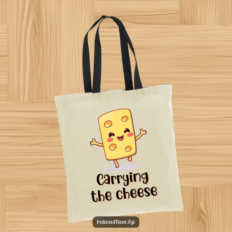 Funny tote bag shows a smiling cheese slice performing a silly hop, perfect for grocery runs and carrying witty remarks.