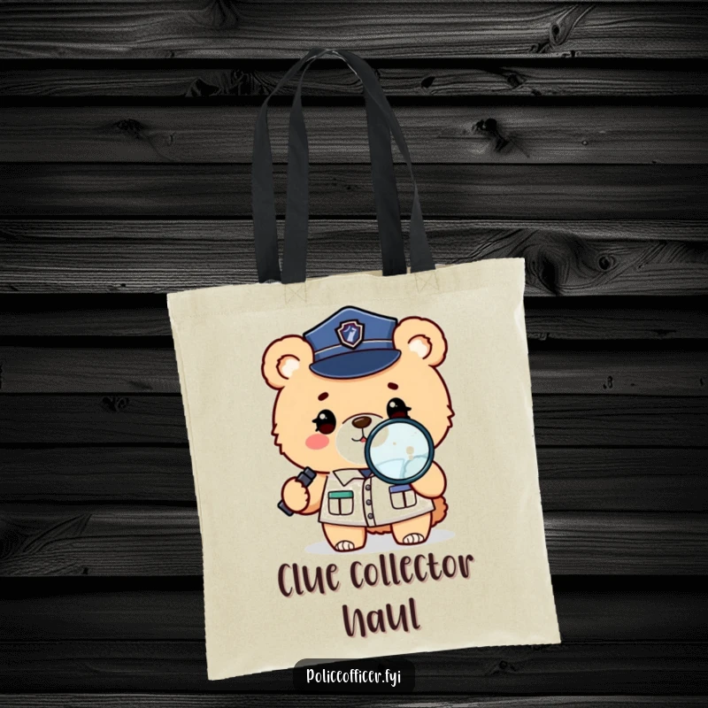 Funny tote bag featuring a fluffy bear in a police uniform winking while holding a magnifying glass, searching for clues.