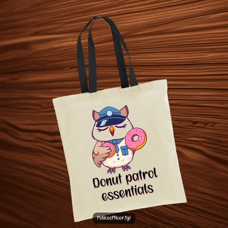 Funny sleepy owl police officer tote bag, yawning with a donut, practical and humorous accessory.