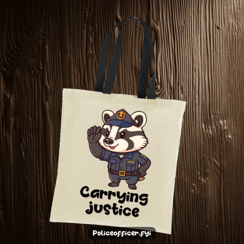 Funny Tote Bag featuring a determined badger police officer saluting, ideal for carrying essentials with pride.