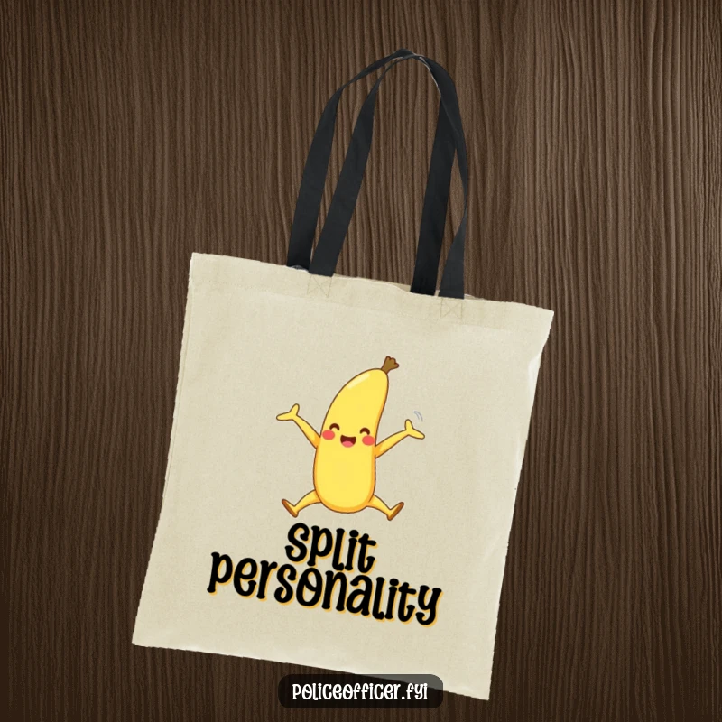 Funny tote bag shows a happy banana with legs performing a joyous split, perfect for carrying groceries and sweet treats.
