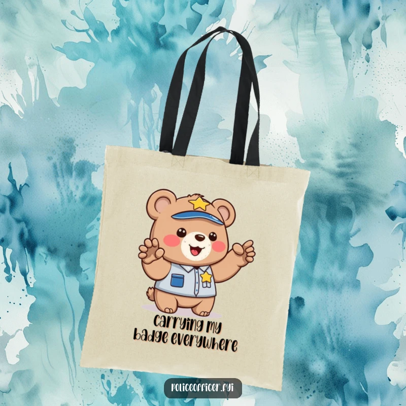 Funny tote bag illustrated with a bear cub police officer directing traffic with its paw. A humorous and practical accessory.