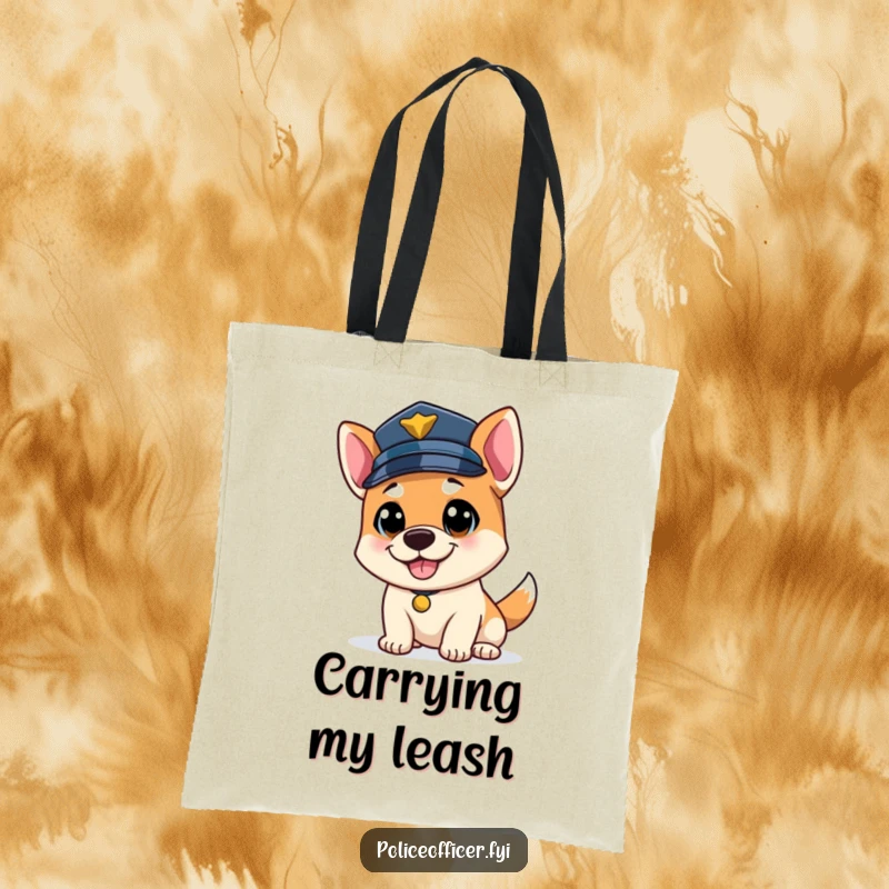 Funny bouncy dog police officer tote bag, tail wagging exuberantly, wearing a police cap, cheerful companion.