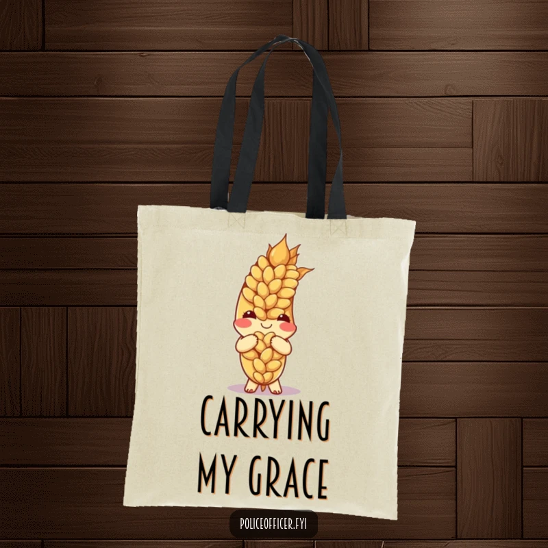 Funny ear of wheat character bowing sweetly on a reusable tote bag, ideal for shopping.