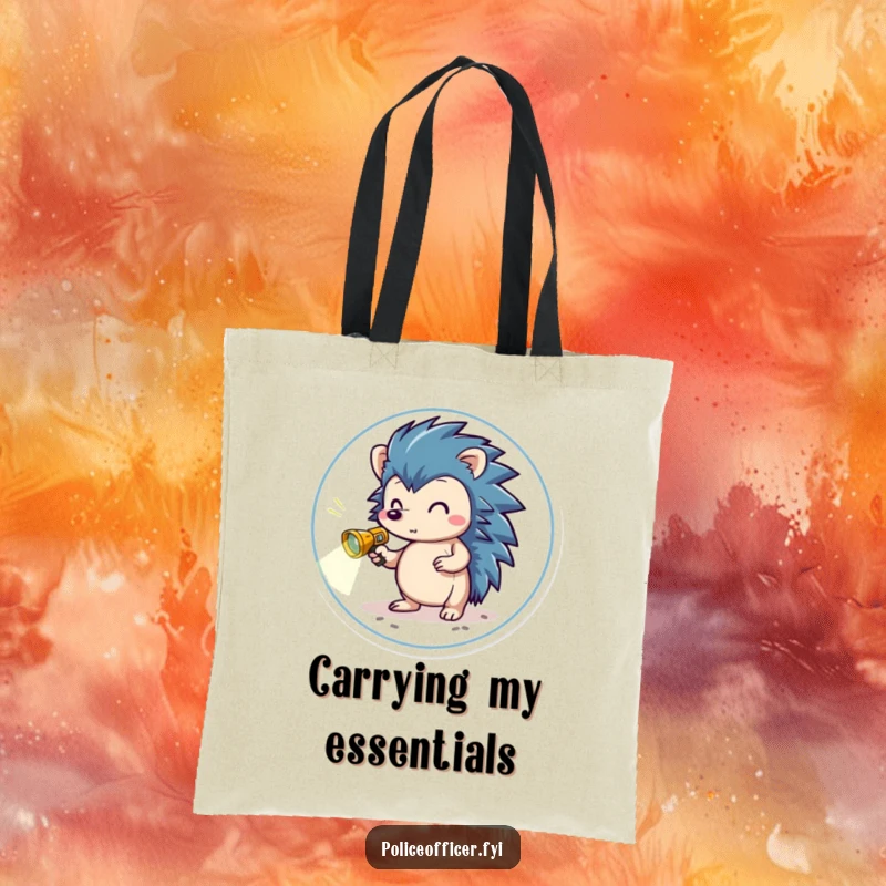 Funny Tote Bag showing a brave hedgehog in a small badge, holding a miniature flashlight, scanning the ground for hidden treasures.