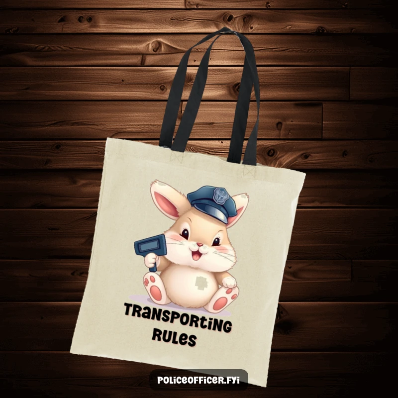Funny Bunny Cop Tote Bag with a fluffy bunny in a police hat happily directing traffic with large paws, a funny and practical accessory.