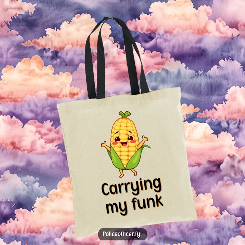 Funny corn cob character dancing joyfully on a durable tote bag, perfect for groceries or books.