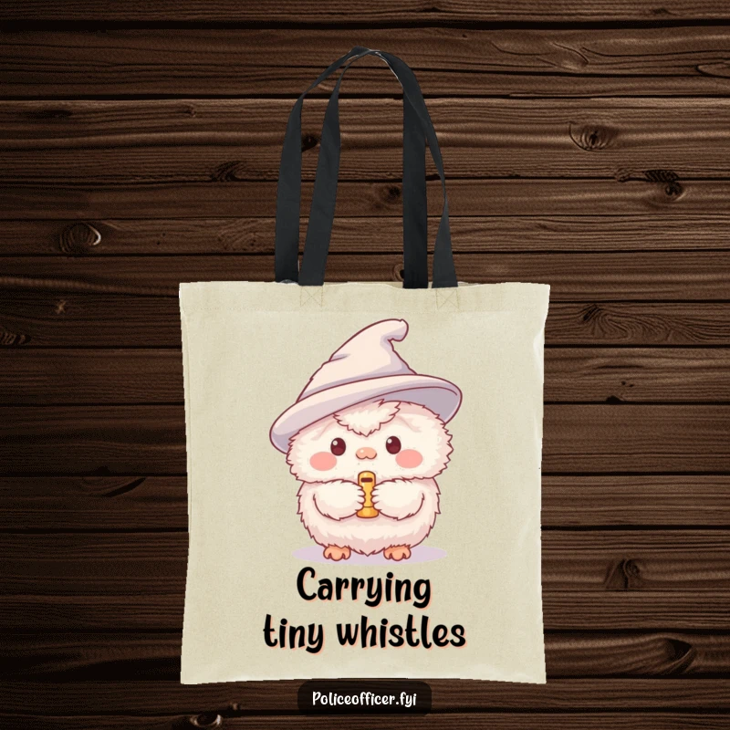 Funny tote bag illustrating a fluffy creature in a pointed hat, ready to blow a tiny whistle, practical and humorous.