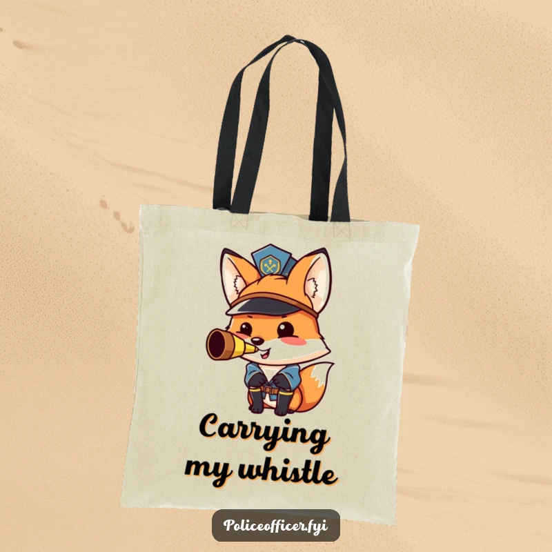 Funny fox police officer tote bag: a proud, smiling fox blows a whistle, ready for anything.