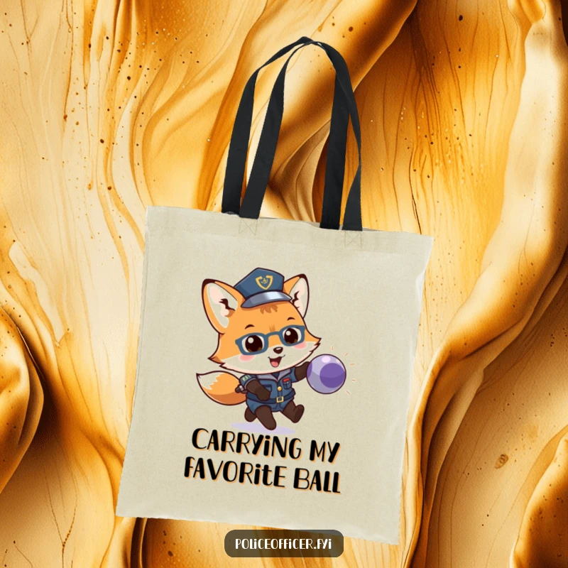 Funny tote bag illustrated with a fox cub police officer chasing a bouncing ball. A humorous and practical accessory.