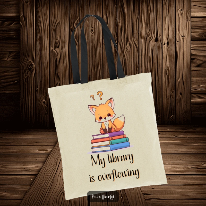 Funny tote bag showcasing a curious fox cub sitting on books, with a question mark, perfect for carrying your literature and essentials.