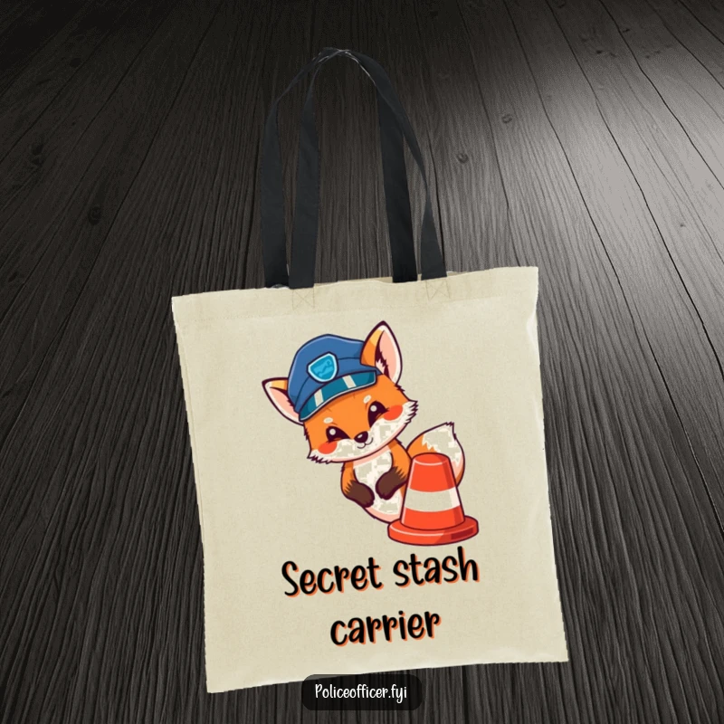 Funny tote bag featuring a cute fox in a police cap peeking out from behind a traffic cone, looking curious.