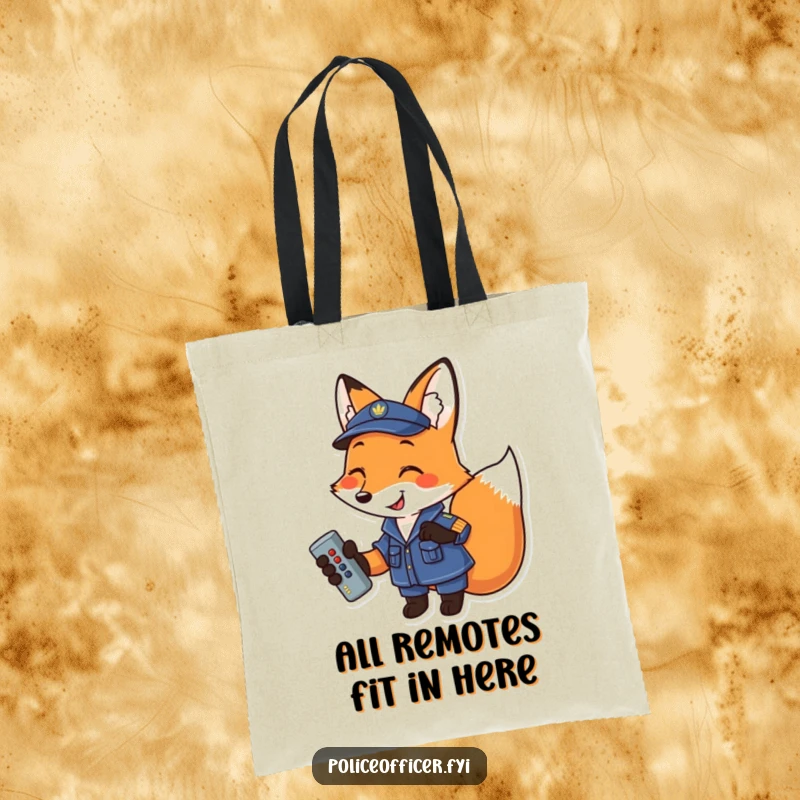 Funny Fox Tote Bag: Smiling uniformed fox holding a remote, showcasing a humorous and practical accessory for daily use.