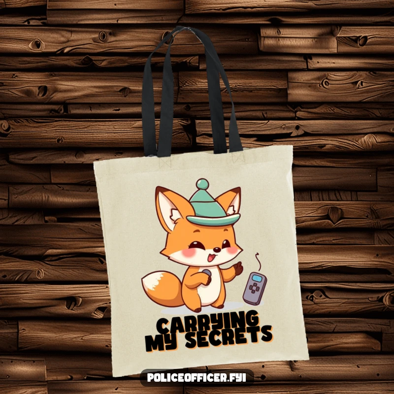Funny mischievous fox with a tiny hat pointing at a remote, on a durable and stylish funny tote bag.