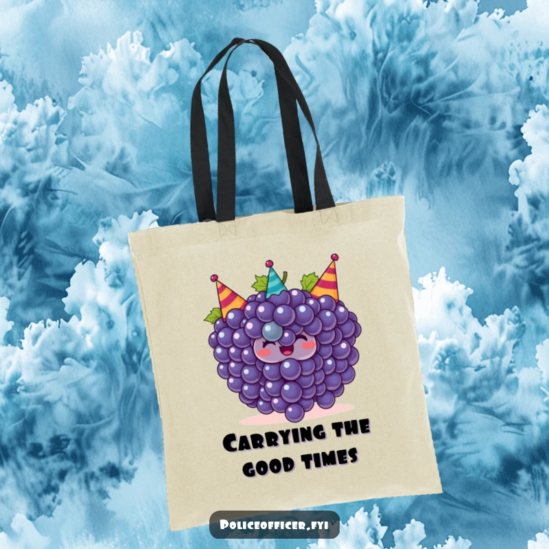Funny grapes tote bag with a smiling bunch of grapes in party hats, perfect for humorous and festive carrying.