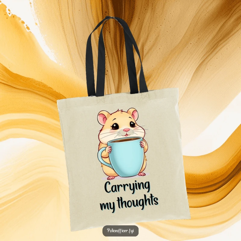 Funny Hamster Tote Bag with a chubby hamster holding a giant coffee cup, looking thoughtful, carrying coffee essentials, a funny gift.