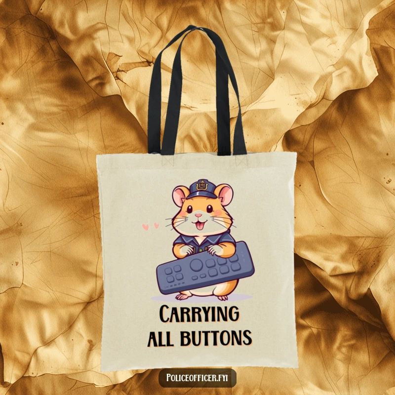 Funny Tote Bag: Hamster in police uniform pressing buttons on a giant remote, a practical funny gift.