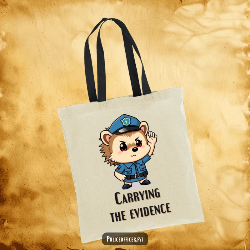 Funny hedgehog police officer tote bag: a tiny, determined saluting officer ready for errands.