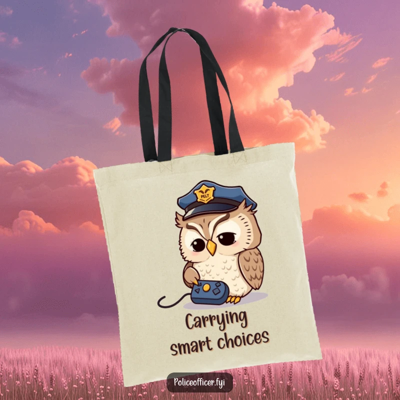 Funny Owl Detective Tote Bag: Wise owl in a police cap looking at a remote control, a humorous and practical accessory for daily use.