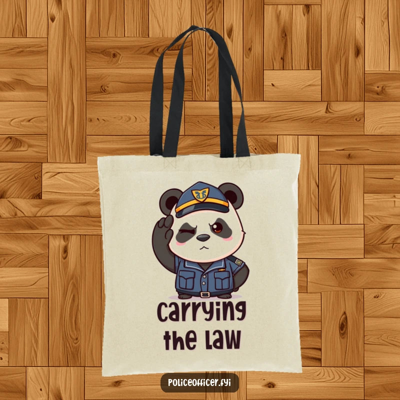 Funny tote bag with a determined panda in police uniform saluting with a wink. A humorous and practical accessory.