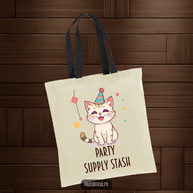 Funny party cat tote bag featuring a cat in a hat batting at shapes, perfect for carrying essentials with a festive vibe.