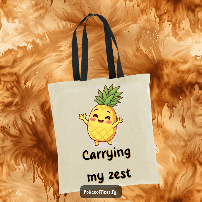 Funny pineapple character striking a playful pose on a durable, stylish tote bag.