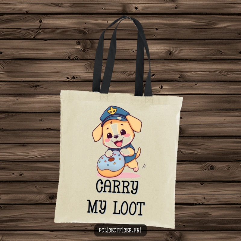 Funny puppy police officer tote bag: a happy dog in uniform chasing a donut, perfect for shopping.