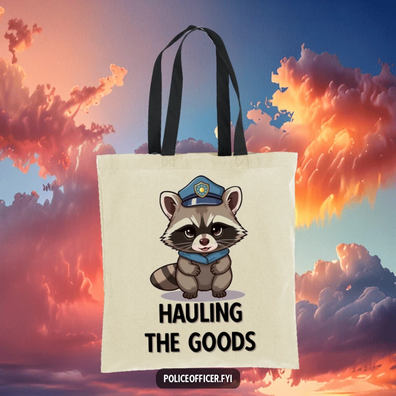 Funny tote bag featuring a stealthy raccoon in a police hat, tiptoeing with a mischievous grin. A humorous accessory.