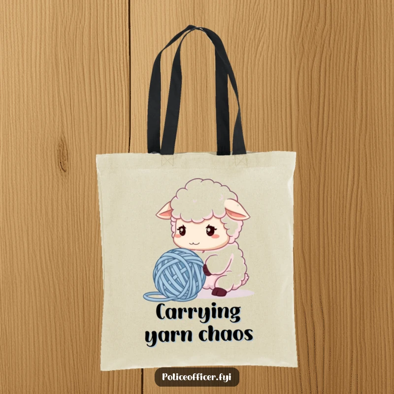 Funny Sheep Tote Bag with a fluffy sheep looking confused at tangled yarn, perfect for carrying items with hilarious crafting charm, great gift.