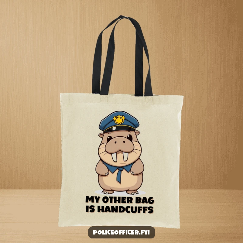 Funny tote bag with a wobbly walrus police officer tipping his hat, a humorous and functional accessory.