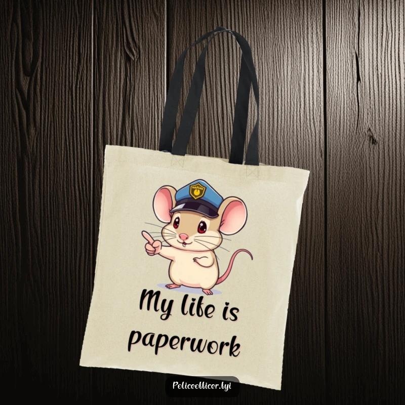 Funny Mouse Tote Bag with a mouse police officer, tiny determined pointing finger, carrying essentials with authority, a funny gift.