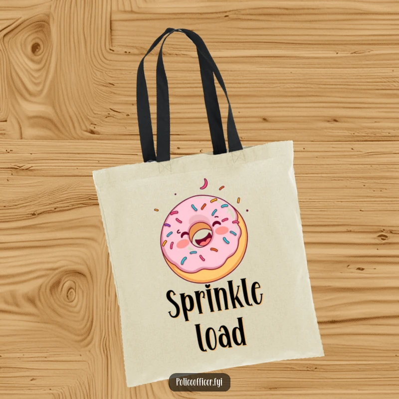 Funny tote bag shows a happy donut with colorful sprinkles spinning gleefully, designed for carrying groceries and good moods.