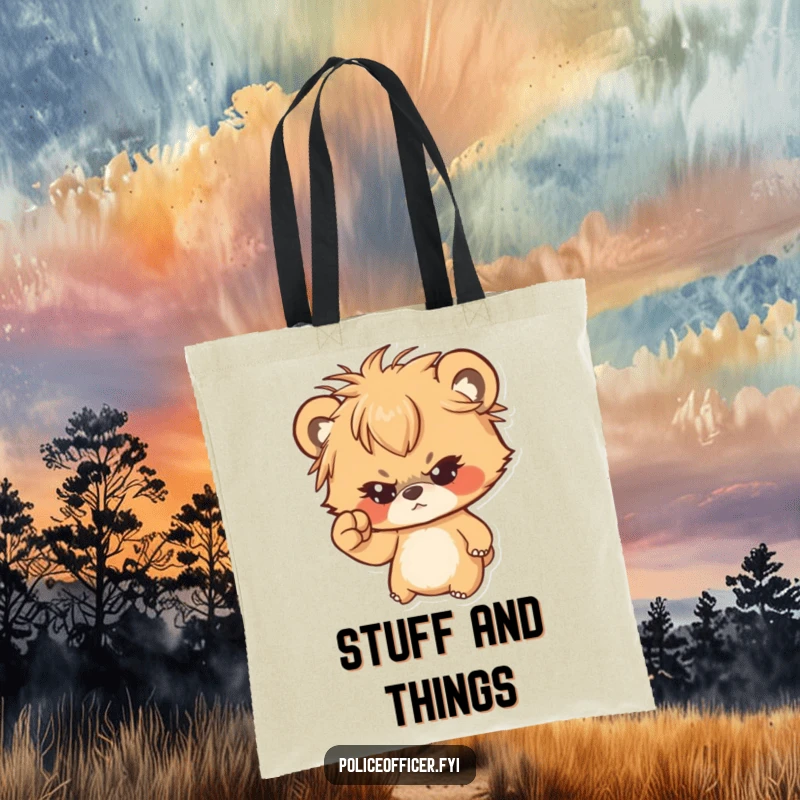 Funny tote bag featuring a determined bear cub with messy hair shaking a tiny fist, perfect for carrying groceries humorously.